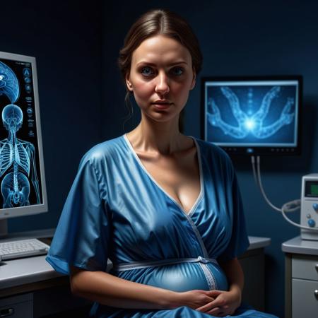 Ultra realistic color pencil  image of a 8 month pregnant woman in a hospital gown, in the doctor's office getting a health checkup.
BREAK
Deep dark intense midnight blue misty background, Dark theme, dynamic lighting, (soft shadows), (soft focus), (photo realistic), uhd, 8k