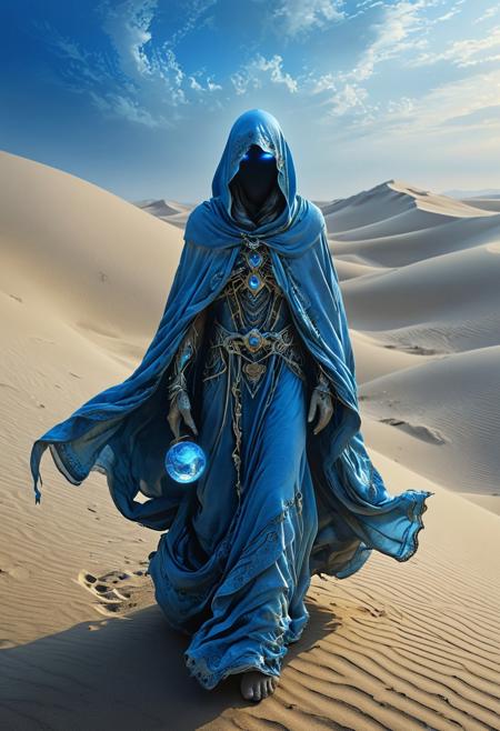 This digital artwork delves into the realm of fantasy, portraying a cloaked, enigmatic figure wandering through a barren desert landscape. Clad in flowing, tattered robes of blue and gray hues, the figure's face remains hidden beneath a hood, which emits a soft, glowing blue light, hinting at a supernatural or otherworldly nature. The right arm of the figure is of mechanical origin, intricately detailed and featuring blue accents, while the left hand gently cradles a luminous orb.
The backdrop consists of softly undulating sand dunes under a cloud-filled sky, which together contribute to the mystical and otherworldly atmosphere permeating this evocative scene.