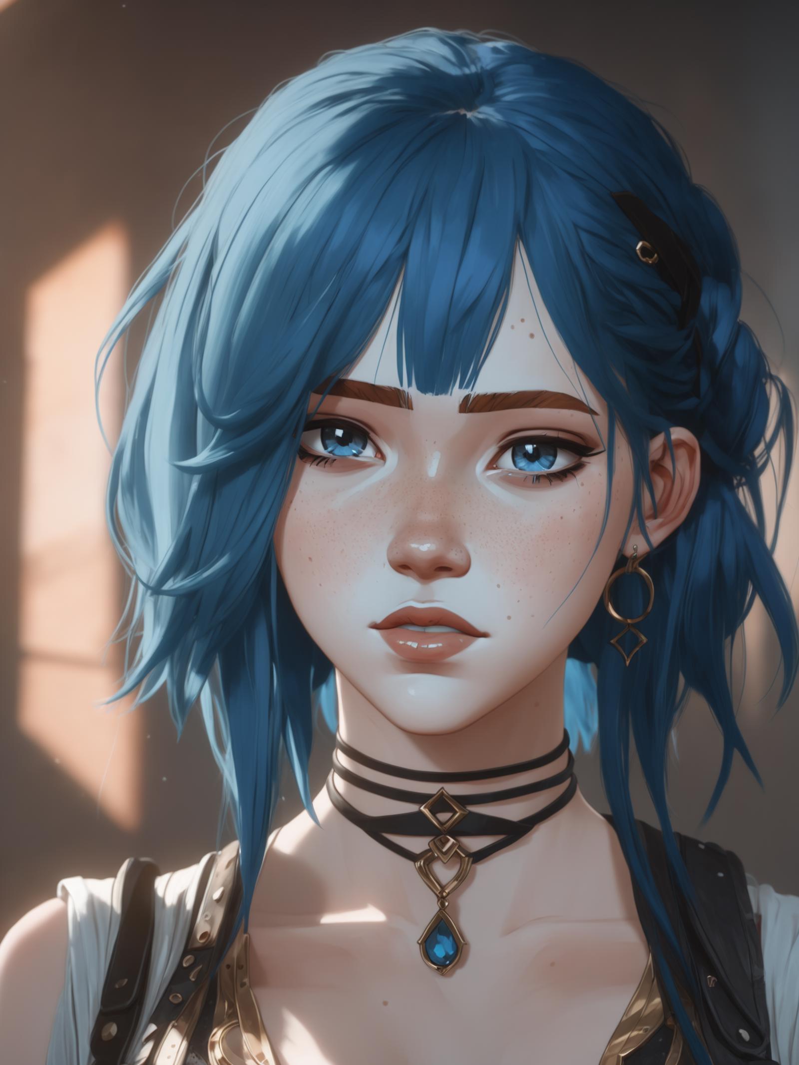 A blue haired woman wearing a black choker and earrings.