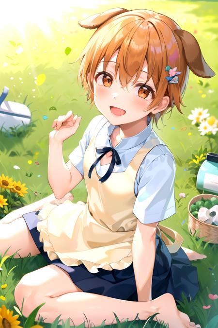 masterpiece, best quality, 1girl, <lyco:Mahiru-000009:1.0>, inami mahiru, white shirt, ribbon, apron, skirt, hairpin, embrassed, blush, (animal ears, dog ears), barefoot, knees up, sitting, looking at viewer, grass, smile, outdoors, sunlight, dappled sunlight, day, depth of field, open mouth, w, wariza