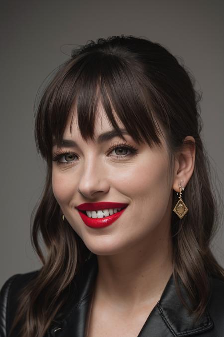<lora:d4k0t4:0.9>, a Realistic photo of a d4k0t4 woman,long hair, looking at viewer, bangs, simple background, brown hair, jewelry, earrings, teeth, grin, lips, makeup, lipstick, portrait, realistic, soft lighting, professional Photography, Photorealistic, detailed, inside a dark Studio Room background, blurred background, RAW, analog, sharp focus, 8k, HD, DSLR, high quality, Fujifilm XT3, film grain, award winning, masterpiece