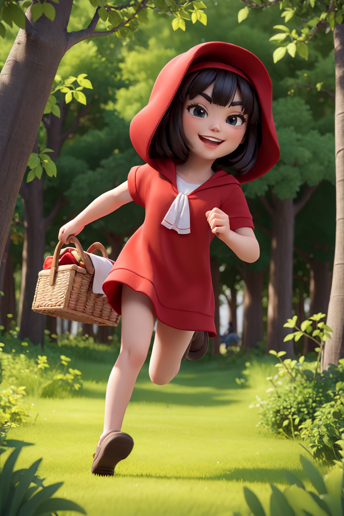 masterpiece, best quality,red riding hood running with a picnic basket, big smile, forest background