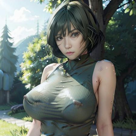 8k, RAW photo, portrait, best quality, ultra high res, photorealistic, vivid color tone, extremely detailed lighting, cinematic lighting, soft lights (masterpiece, high quality:1.4), realistic, realistic lighting, <lora:maiZenin_v1:0.8>, ((Mai Zenin)), ((short hair, green hair:1.8)), ((dark purple one-piece:1.4)), (full body wear), oval face, ((poker face)), ((full body:1.4)), (shiny skin, realistic skin), ab lines, ((huge breasts:1.4)), ((medium ass)), ((mature, milf)), navel, puffy nipples, covered nipples, seductive, (curvy), (glistening skin), ((blush)), horny, reflective skin, seductive, (slut), (brat1.4),  beautiful face, ((poker face)), ((real person, perfect female body, picture-perfect face)), wet hair <lora:clothesSeeThrough_v10:0.8>, <lora:breastinclassBetter_v141:0.3>, (looking at viewer), (big eyes, green eyes), (realistic hair, breezing hair), spread legs, laying on grass, [outdoor, sunny, grass],  <lora:japaneseDollLikeness_v10:0.4>, asian face, face of Mai Zenin