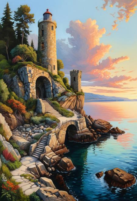 oil painting featuring a dramatic coastal scene with a small, rocky inlet surrounded by vibrant greenery. The inlet is partially enclosed by a pier, constructed from large irregular shaped rocks and stones extending into the calm, clear blue water. On the pier  a tall, cylindrical stone tower with a weathered and ancient appearance. The tower features arched windows near the top and a small balcony with a metal railing. A winding stone staircase leads up to the entrance. The background includes a gently sloping hill covered with dense trees and  colourful shrubs, leading down to the rocky shoreline. The scene is illuminated by a vibrant sunset sky, casting a soft light over the landscape. The overall composition is balanced, with the natural elements framing the central focus on the pier and the inlet.