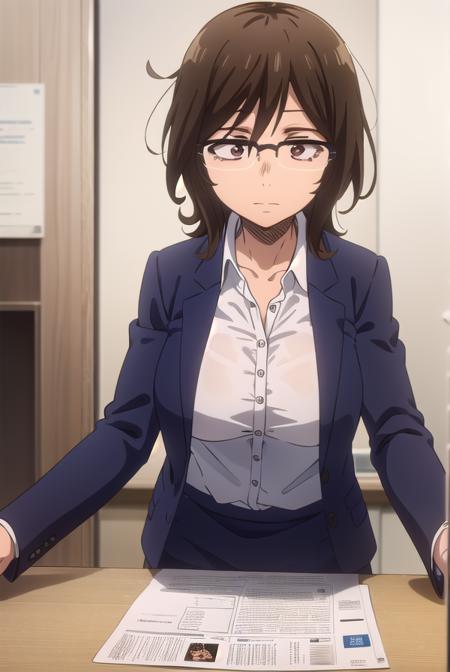 owarihajime, <lora:owari hajime s2-lora-nochekaiser:1>,
owari hajime, brown hair, (brown eyes:1.5), glasses, over-rim eyewear,
BREAK skirt, shirt, jacket, formal, suit, office lady,
BREAK indoors,
BREAK looking at viewer,
BREAK <lyco:GoodHands-beta2:1>, (masterpiece:1.2), best quality, high resolution, unity 8k wallpaper, (illustration:0.8), (beautiful detailed eyes:1.6), extremely detailed face, perfect lighting, extremely detailed CG, (perfect hands, perfect anatomy),