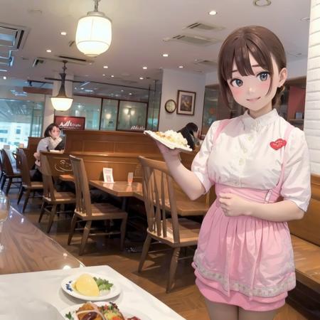 best quality, ultra-detailed, illustration,
AMSC, solo, waitress, 1girl, brown hair, restaurant, smile, table, indoors, own hands together, jewelry, pink skirt, pink apron, pantyhose, chair, 
 <lora:AMSC_AnnaMillers_uniform_SD15_V3:1>