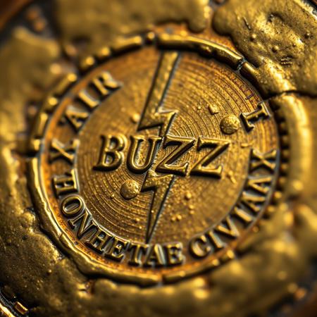 Closeup of a ancient Rome detoriated gold coin with lightning bolt symbol and text in ancient font saying BUZZ, text in around in circle shape saying "MONETAE CIVITAI", realistic, masterpiece, dramatic light, depth of field