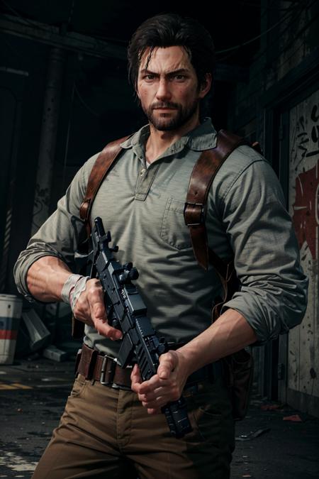 (masterpiece, best quality)
Sebastian2Evil,  solo, looking at viewer, short hair, brown hair, shirt, black hair, 1boy, holding, brown eyes, closed mouth, weapon, male focus, collared shirt, pants, bag, holding weapon, gun, blood, facial hair, bandages, backpack, blue shirt, holding gun, grey shirt, rifle, beard, sleeves rolled up, hand in pocket, bandaged arm, realistic, assault rifle, brown pants, bandaged hand
<lora:epi_noiseoffset2:1>,  <lora:add_detail:0.7>,  <lora:Sebastian2Evil:0.8>