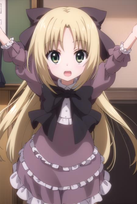 chizuruakaba, <lora:elise toudou s2-lora-nochekaiser:1>,
elise toudou, long hair, blonde hair, (parted bangs:1.5), (green eyes:1.3), smile, open mouth,
BREAK bow, hair bow, bowtie, dress, frills, puffy sleeves, purple dress, skirt,
BREAK indoors, classroom,
BREAK looking at viewer, (cowboy shot:1.5),
BREAK <lyco:GoodHands-beta2:1>, (masterpiece:1.2), best quality, high resolution, unity 8k wallpaper, (illustration:0.8), (beautiful detailed eyes:1.6), extremely detailed face, perfect lighting, extremely detailed CG, (perfect hands, perfect anatomy),