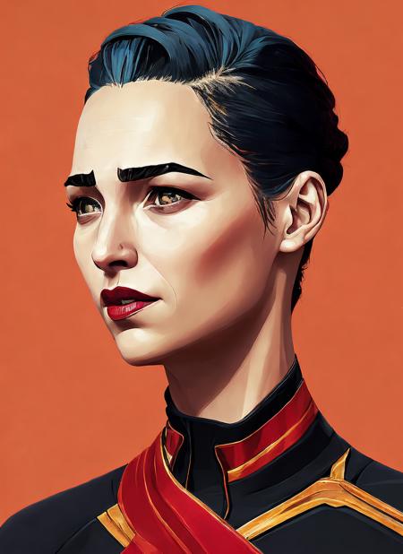 arcane style <lora:lora_gal_gadot:1>, portrait of ((sks woman)) by Flora Borsi, style by Flora Borsi, bold, bright colours, orange Mohawk haircut, ((Flora Borsi))