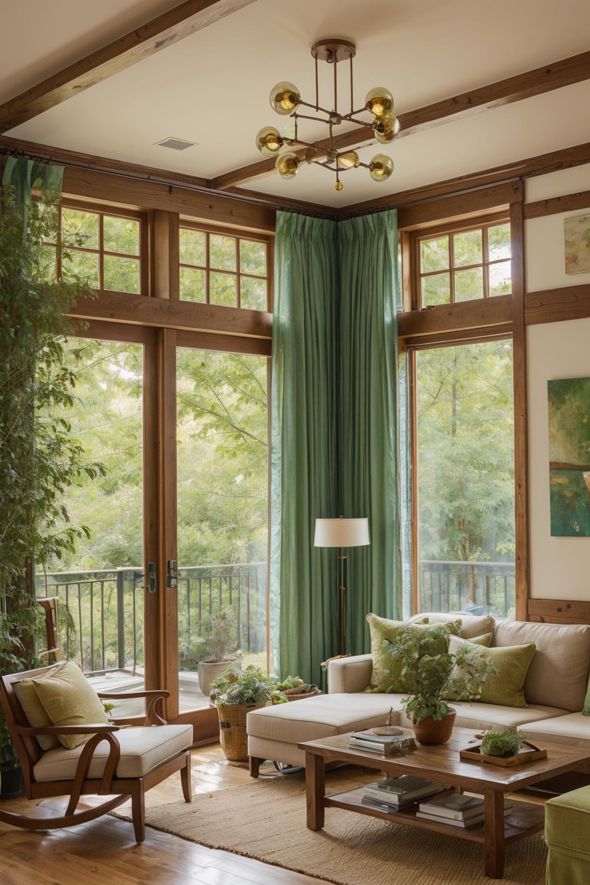 A cozy living room with a green curtain, a couch, a lamp, and potted plants.
