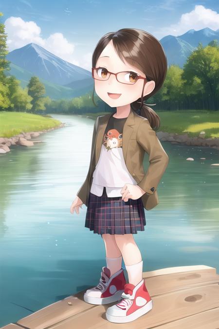 1girl, female child, margo, brown hair, brown eyes, glasses, low ponytail, sidelocks, jacket, skirt, sneakers, mountain, river, standing, looking at viewer, :d <lora:margo:1>