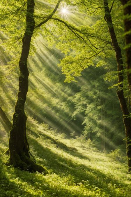 dense forest with sunlight filtering through a canopy of vibrant green leaves, soft wind blowing, leaves in motion, warm glow across the forest floor, patches of moss and scattered wildflowers, magical and peaceful atmosphere, cinematic depth, ultra realistic nature photography