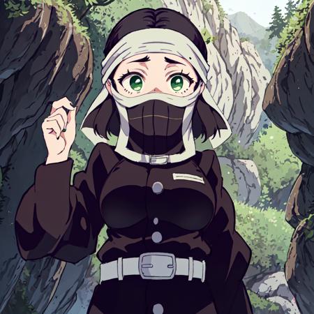 <lora:Kakushi_Girl-10:1>outdoor,forest,high quality,Masterpeace,Kakushi_Girl, 1girl, solo, black hair, green eyes, belt, mask, white belt, demon slayer uniform,bandana,short hair