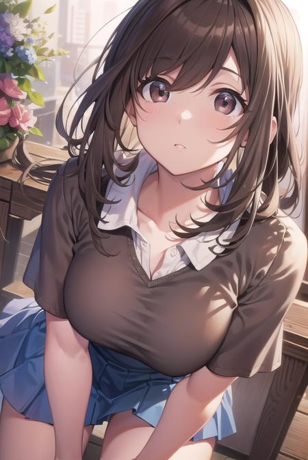 kogane tsukioka, (brown eyes:1.5), brown hair, hair tie, ponytail, bare legs, blue skirt, collarbone, collared shirt, miniskirt, shirt, short sleeves, skirt, tented shirt, tied shirt, tight clothes, tight shirt, white shirt, wing collar,