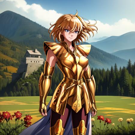 masterpiece, best quality, highres, solo, 1girl, subtle smile, detailed background,standing in front of a picturesque landscape,medium breasts,aaritsuka, short hair, ahoge, hair scrunchie,fingerless gloves ,pauldrons,(gold armor:1.5),  <lora:virgo:0.9>, <lora:fujimaru_ritsuka_(female)_v1:0.9>,shoulder armor,outdoors, garden, <lora:more_details:0.2>