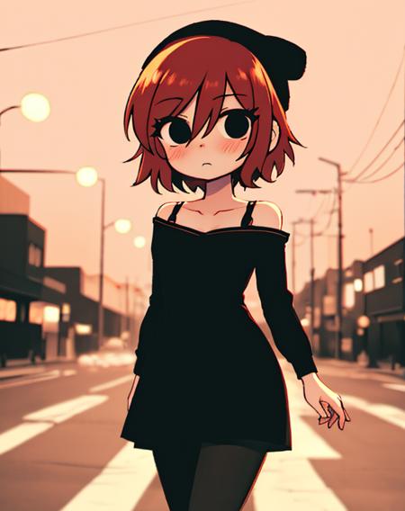 <lora:SakuraVRC:0.6> SakuraVRC, 1girl, solo, short hair, red hair, black eyes, hair between eyes, blush, dress, baggy clothes, off shoulder, collarbone, pantyhose, city lights, neon lights, tokyo, cowboy shot, naughty face, <lora:scottpilgrimvstheworld_v5_BryanLeeOMalley_Mix_3_7:1> scottpilgrimvstheworld, black eyes, blomalley, blurry background, orange theme, bloom, bra strap, chibi, beanie, <lora:add_detail:-0.5> <lora:ChromaticAberration:0.3>, (masterpiece, best quality:1.3),