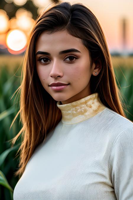 best quality photo of (cr1styren-210:0.99), a woman wearing a (shirt with high neck:1.3), photo shot on Nikon D850, 16k, sharp focus, masterpiece, Hyper Detailed, breathtaking, atmospheric perspective, diffusion, pore correlation, skin imperfections, DSLR, 80mm Sigma f2, depth of field, film grain, outdoor in a corn field, sunset lighting, (golden hour:1.2), (detailed face:1.1), skin pores, 8k, skin texture, dslr,