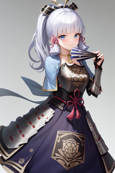 masterpiece, highres, best quality, 1girl solo, kamisato_ayaka, smile  <lora:kamisato_ayaka:1.2>
arm guards, armored dress, breastplate, japanese armor, hand fan, fingerless gloves