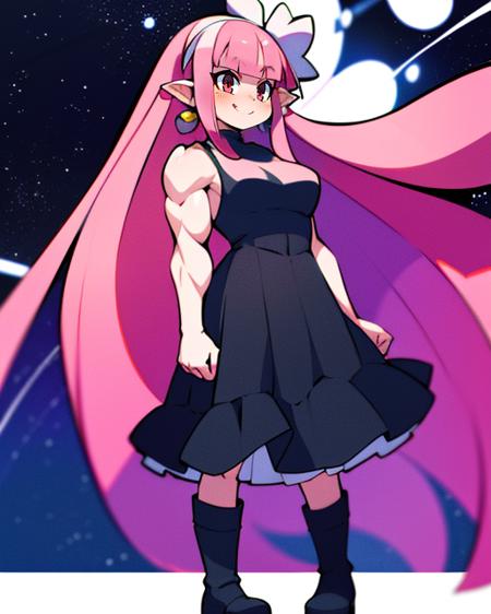 Witch.long pink hair,pointy ears,red eyes , smiling, standing,  full body,   low view,  close up, muscles,  biceps,  close,
WitDres,black dress, white ribbon, white hairband,learrings, black boots, 
outer space, fun park, stars,   
(insanely detailed, beautiful detailed face,  masterpiece, beautiful detailed  eyes, best quality)      <lora:Witch:0.8> <lora:Muscle:0.8>