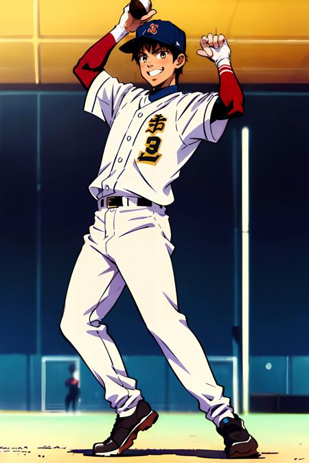 1boy, full body,  brown_eyes, baseball uniform, brown_hair, smiling, <lora:sawamura_eijun_lora:0.8>