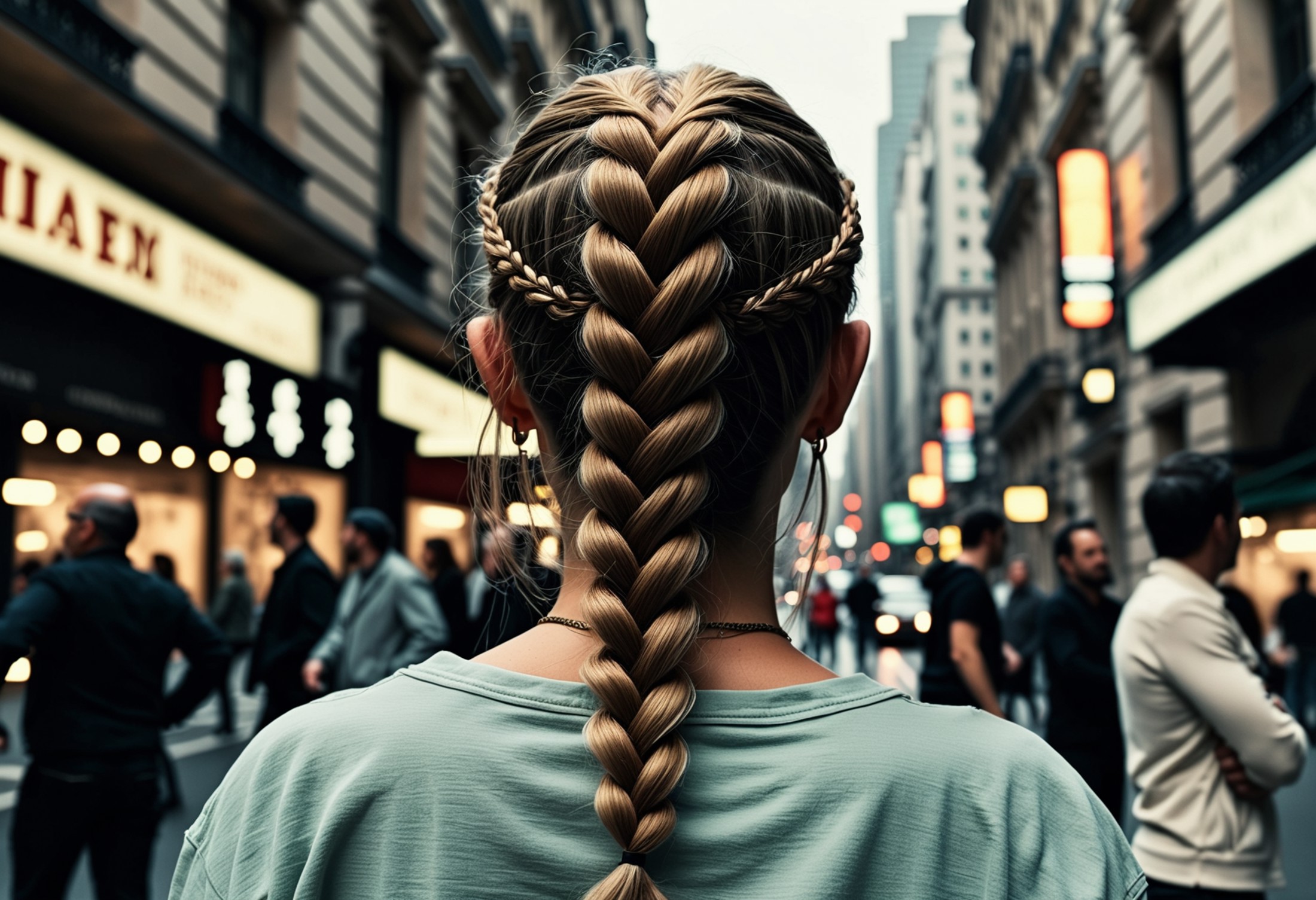 tilt shift of In a vibrant and surreal scene, Gunner's hair is painted in the style of French braids that dance and twist ...