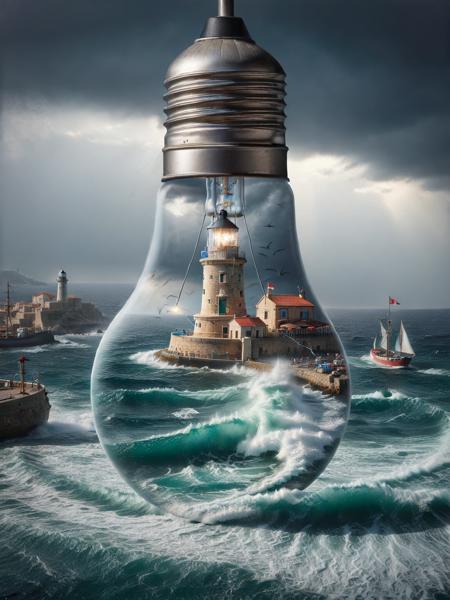 ais-bulbz a solitary lighthouse guiding ships at stormy sea inside the bulb, a bustling open-air market in the Mediterranean sunshine background outside the bulb <lora:Inside_A_Bulb_SDXL:0.8>