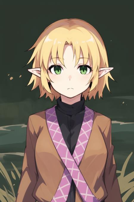 1girl,solo, 
 <lora:JOKER_V10:0.8>,JOKER,blonde hair, blown jacket,intake bungs, green eyes,pointy ears, short hair,expressionless,