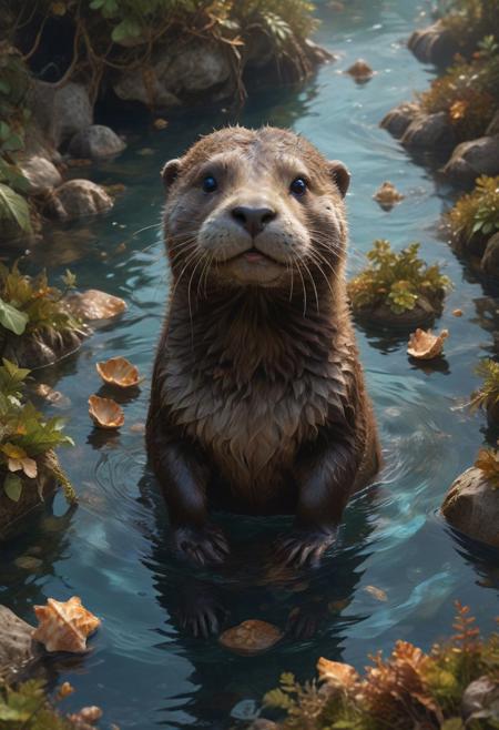 A playful otter, its body adorned with kelp and seashells, frolics in a tide pool, its movements full of joy and energy, 8k, hyperrealistic.