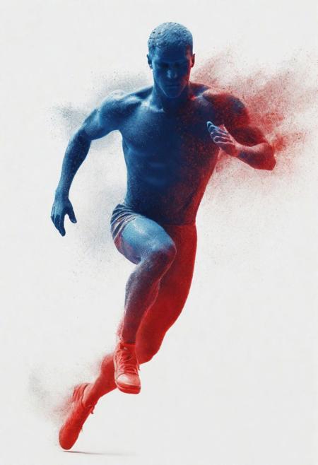 dust floating in the air transforming into a white hollow male silhouette resembling different olympic sports, use only colors blue & white & red, (amount of particles: 1.35), iconic, glossy white background, abstract, aesthetics, highest quality, ((highest resolution))
