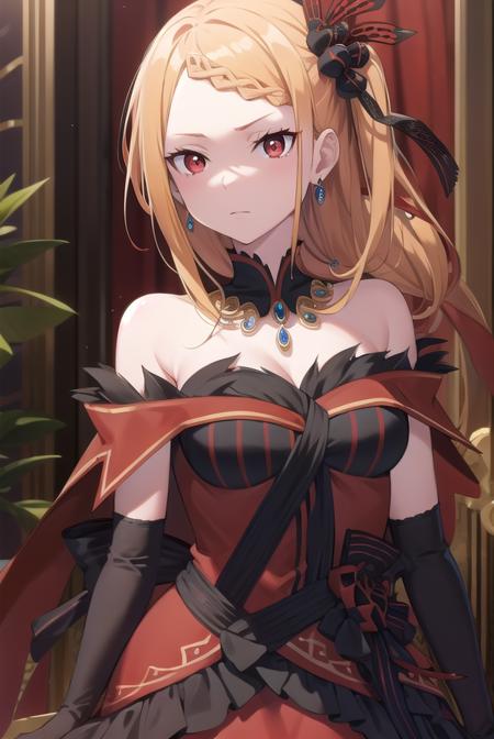 priscilla barielle, long hair, blonde hair, (red eyes:1.5), braid, single braid, braided bangs, one side up, hair ornament, gloves, dress, bare shoulders, jewelry, pantyhose, earrings, black gloves, necklace, high heels, red dress, red footwear, bridal gauntlets,