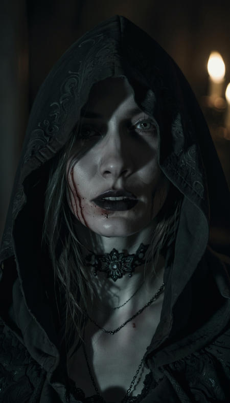 cinematic film still of <lora:Casandra:0.8> (CasDimi) in dark castle, blood around her mouth, hooded, pale skin, grey skin, shallow depth of field, vignette, highly detailed, high budget, bokeh, cinemascope, moody, epic, gorgeous, film grain, grainy, Canon M50