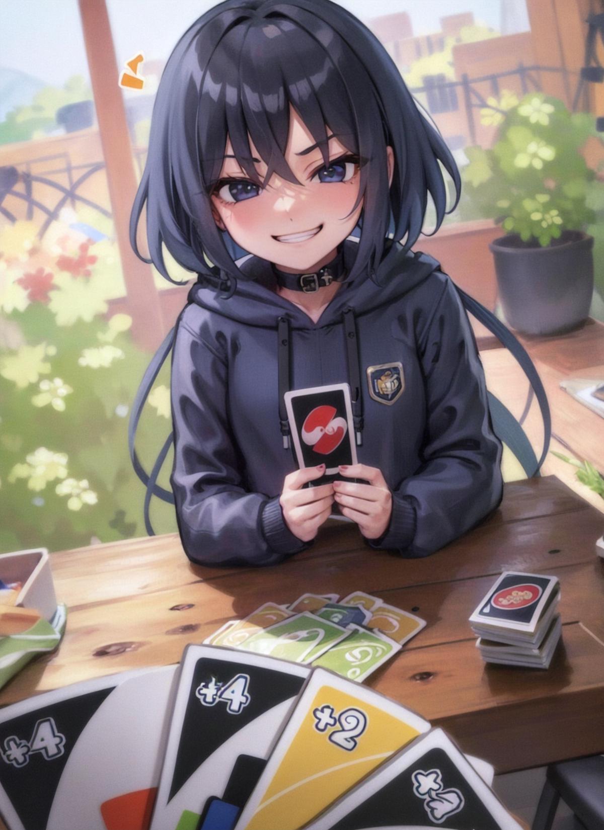 A girl sitting at a table with a deck of cards and a potted plant in the background.