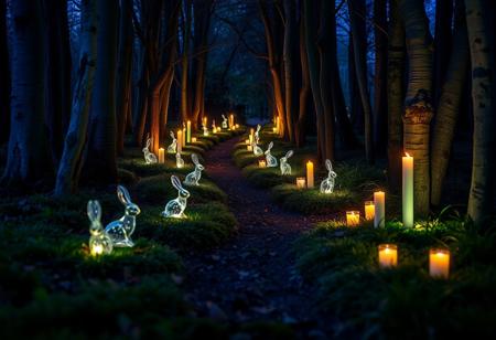 Forest path illuminated, with bunnies and glass bunnies and candles and lights