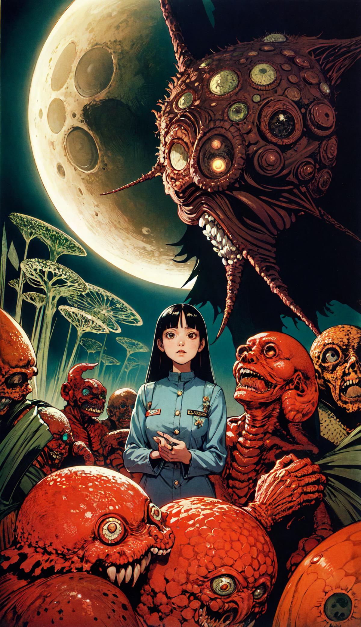 A young woman surrounded by various monsters, including a giant red spider, in an anime-style artwork.