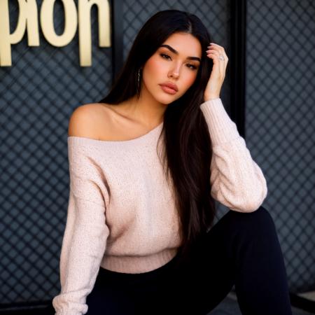 score_9, score_8_up, score_7_up, straight on, beautiful lady, realistic, Madd_Beer, 1girl, plump lips, thick lips, eyelashes, brown eyes, thick eyebrows, black hair, long hair, forehead, sweater, crop top, sweat pants, sitting, hugging knees, looking at viewer, frown, hyperdetailed photography, soft light, portrait, outside, golden hour, <lora:XL\KMS_Madison_Beer_XL_r1-000015:0.75>