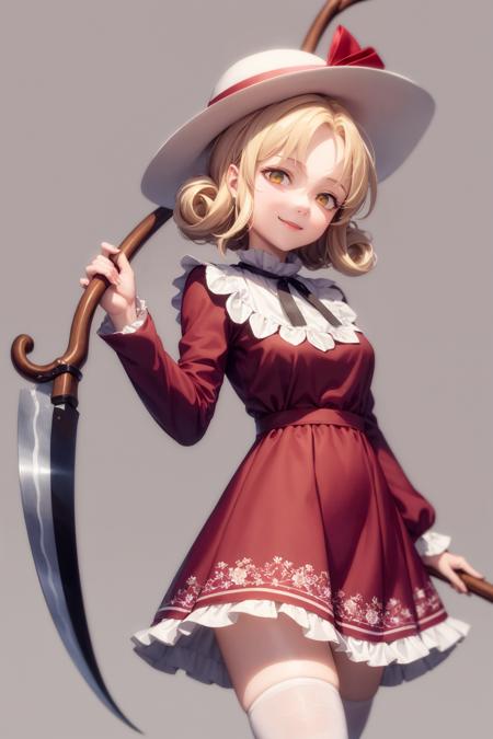 1girl,hathat ribbon,curly hair,blonde hair, short hair,yellow eyes,ribbon,bow,red dress,long sleeves,  scythe,holding scythe, weapon, 