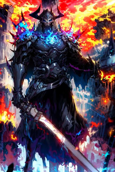 ha sang, king hassan \(fate\), weapon, sword, male focus, 1boy, holding, holding weapon, holding sword, spikes, cloak, burning, flame, sky, solo,<lora:ha sang_çåæ¡>,, (masterpiece), (best quality), HDR, intricate detail,