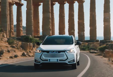 cinematic photo of white and red colors striped evo driving fast down a country road in the agrigento scenery next to a temple and ruins and with the ocean in the behind, epic landscape, masterpiece, realistic, first hour of the morning, sunrise <lora:evo_agrigento_SDXL-LoRA-v083:0.9> . 35mm photograph, film, bokeh, professional, 4k, highly detailed