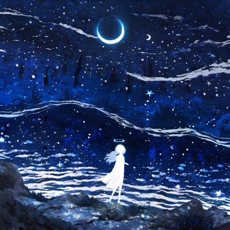 <lora:star_xl_v2:1>,
a painting of a girl standing on a hill with a moon and stars in the sky above her head, 1girl, solo, dress, standing, outdoors, sky, water, white dress, night, glowing, halo, moon, star \(sky\), night sky, scenery, starry sky, silhouette, crescent moon, pillar, long hair, floating, blue theme, fantasy, The image portrays a serene nighttime scene with a silhouette of a female figure standing on a rocky terrain. She has a halo around her head, suggesting a celestial or ethereal nature. The sky is filled with stars, and there's a crescent moon visible in the top right corner. Above her, there are fish swimming in the vast expanse of the cosmos. The entire scene is bathed in a deep blue hue, giving it a dreamy and otherworldly ambiance., serene nighttime scene, silhouette of a female figure, halo around her head, stars, rocky terrain, fish swimming, deep blue hue