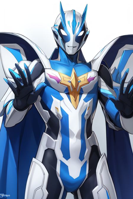 ultramanheisei, white eyes, 1boy, armor, no pupils, helmet, open hands, blue bodysuit, superhero, mask, smile