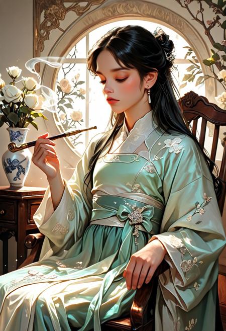 solo, short black hair, elegant man, seated, holding a long kiseru smoking pipe, traditional Hanfu-style silk robe, white with delicate embroidery, floral patterns, tied sash, flat chest, graceful pose, closed eyes, long sleeves, white flower vase in the background, ornate wooden chair, ethereal smoke, gentle lighting, earrings, realistic facial features, attractive , calm atmosphere, flower vase decor, semi-realistic style, digital painting, concept art, soft glow, dusty cool tones, volumetric lighting, ultrahigh definition,  absurdres, highres, very aesthetic, painted style, moody light, contrast of white fabric and dark wood, misty effect, light particles, serene, Midjourney style, elegant composition, aidma-niji