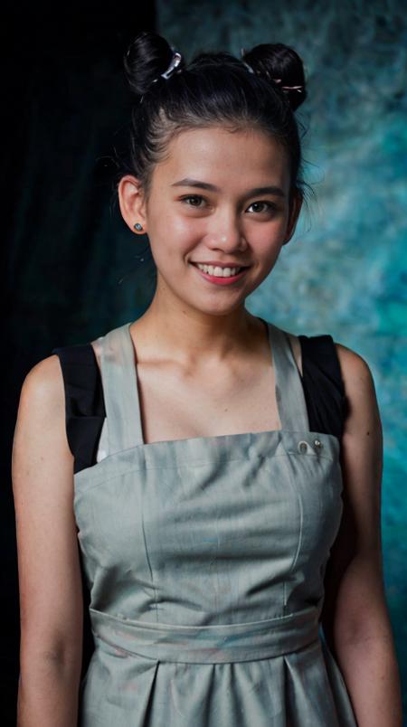 analog film photo solo, realistic, ((indonesian woman)), (((black hair, Space Buns Hairstyle))), (((grin512))), (((Modest pinafore dresses))), ((pirate bay)), ((from side)), high detailed, 8k, clear facial features, <lora:PAseer-SD15-LCM Quick:1> <lora:ReaLora:.2> skin <lora:[ID]_-_Nadine_Iskandar:1> <lora:RStyle_-_Photography_Style:.4> rstyle   . faded film, desaturated, 35mm photo, grainy, vignette, vintage, Kodachrome, Lomography, stained, highly detailed, found footage