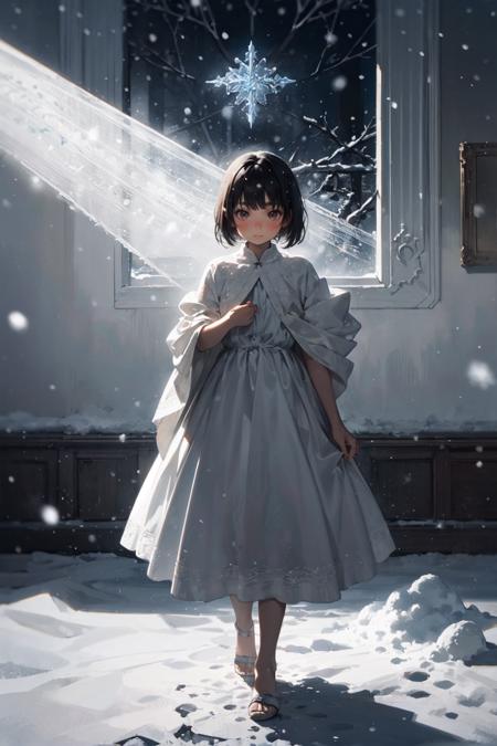 (intricate detail:1.3), 1girl, cute, long skirt, blush, solo, standing short hair, bangs, petite, surreal landscapes, unseen light, ethereal glow, vibrant colors, dramatic light, (chiaroscuro:0.7), soft glow, (snowing:1.3)