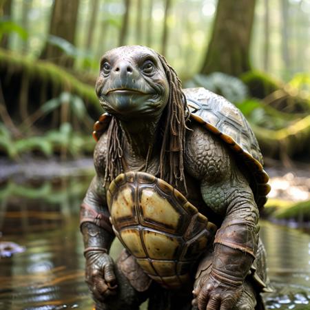 highly detailed portrait photo of a (tortle):1.0,


a primitive camp in a swampy jungle,

depth of field:1.2, blurry, blurry background,
realistic:1.3,

photorealistic,
fantasy, cinematic,
32k, best quality, 
god rays:1.2,
dappled sunlight:1.1,
shadow play:1.1,




