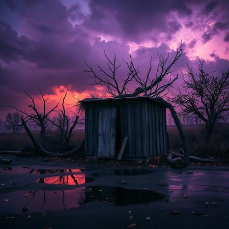 Broken Down Shed, Looming Thunderclouds, Snapped Trees, Burnt, Murky Water Puddles, Purple and Orange Tones, Refined Gradients, Realistic (2.0), Wet Surfaces, Gloom, Thunderstorm, Masterpiece Photography, Broken Down Shed, Leaves Falling, Purple Tones