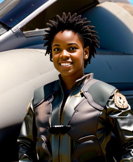 a black woman in a Viper Pilot Suit military uniform <lora:Viperpilotsuit:1> ,RAW photo, 8k uhd, dslr, soft lighting, high quality, film grain, Fujifilm XT3