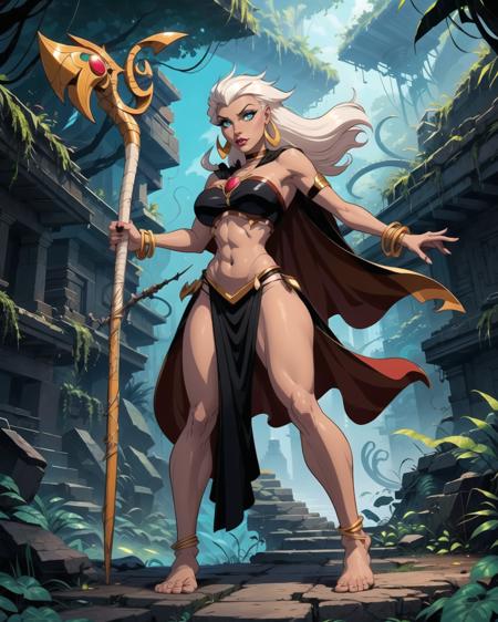 Queen la_DG dark skin, white hair, long hair, aqua eyes,  Jewelry, cape, bracelet, neck ring, armlet, earrings, tube top, loincloth,