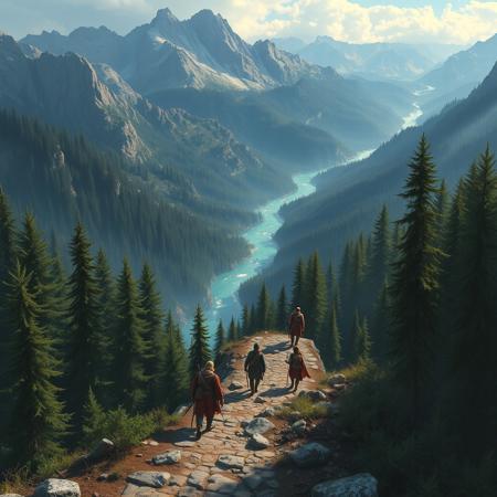 a group of adventurers travel a narrow mountain path through forests, distant rivers, distant mountains, wilderness, dungeons and dragons, medieval