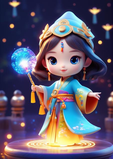 (best quality, masterpiece:1.6), 3d cartoon, cute cartoon, beautiful eyes, blue eyes, light in eyes, chibi chinese, goddess, chinese clothes, 1girl, solo, wizard hat, robe, holding staff, on magic circle, sparkles, light particles, crystal, prism, glowing light, magic effect, colorful, glow, bokeh